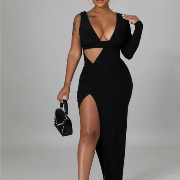 NEW TRENDY BLACK ONE SHOULDER FITTED MAXI DRESS - Picture 2 of 9